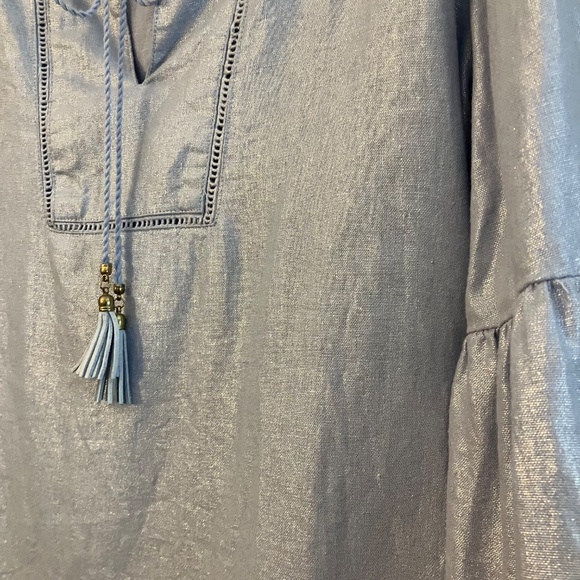 Ellen Tracy Women's Large L Blue Metallic Shimmer Linen Blouse Shirt Top Classy - Picture 3 of 7